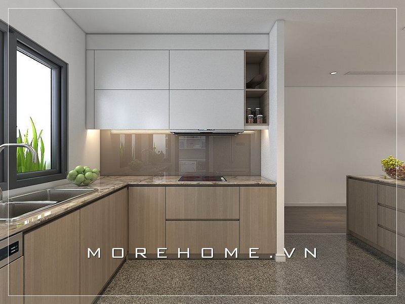 của bạn Tủ bếp gỗ công nghiệp chữ L với tone màu nâu nhạt trẻ trung sẽ giúp căn bếp của bạn trở nên hiện đại và sáng sủa hơn.